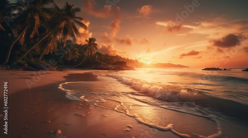 A vibrant sunset casting warm hues over a tropical beach Generative AI