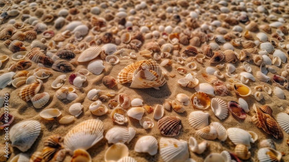 A seashell collection arranged in a beautiful pattern on the sand Generative AI A seashell collection arranged in a beautiful pattern on the sand Generative AI