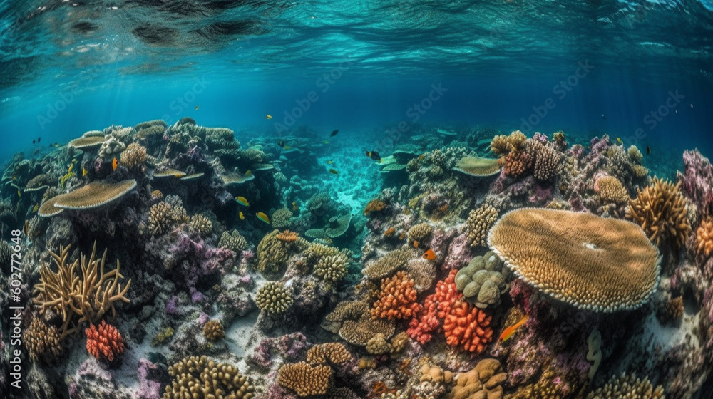 Fototapeta premium A breathtaking aerial view of a coral reef and its vibrant marine life Generative AI