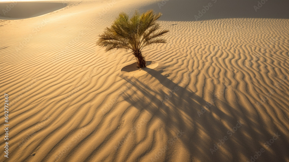 A solitary palm tree casting a long shadow on the golden sand Generative AI
