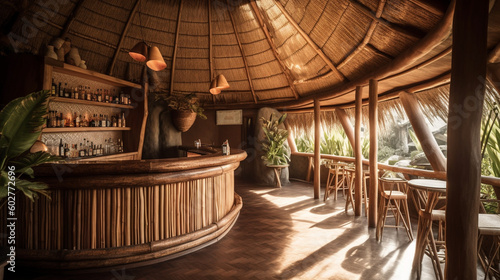 A tropical cocktail bar with a thatched roof and bamboo accents Generative AI © Наталья Евтехова