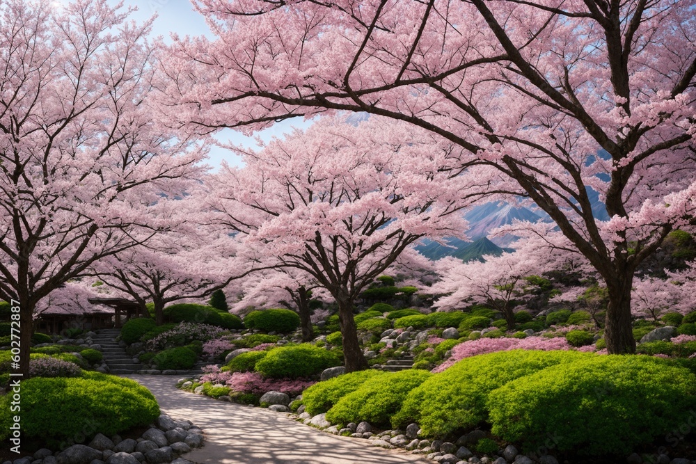 Sakura blossoms in japanese style ornamental garden, beautiful landscape. Generative AI. Sakura blossoms in japanese style ornamental garden, beautiful landscape. Generative AI.
