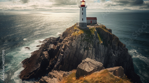 A picturesque lighthouse standing tall at the edge of a rocky cliff Generative AI