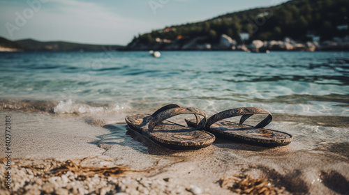 A pair of flip-flops left behind on the shoreline, symbolizing relaxation Generative AI