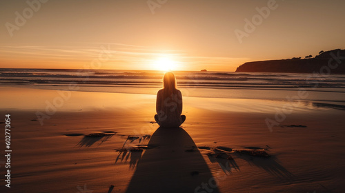 A serene yoga session taking place on the beach at sunrise Generative AI © Наталья Евтехова