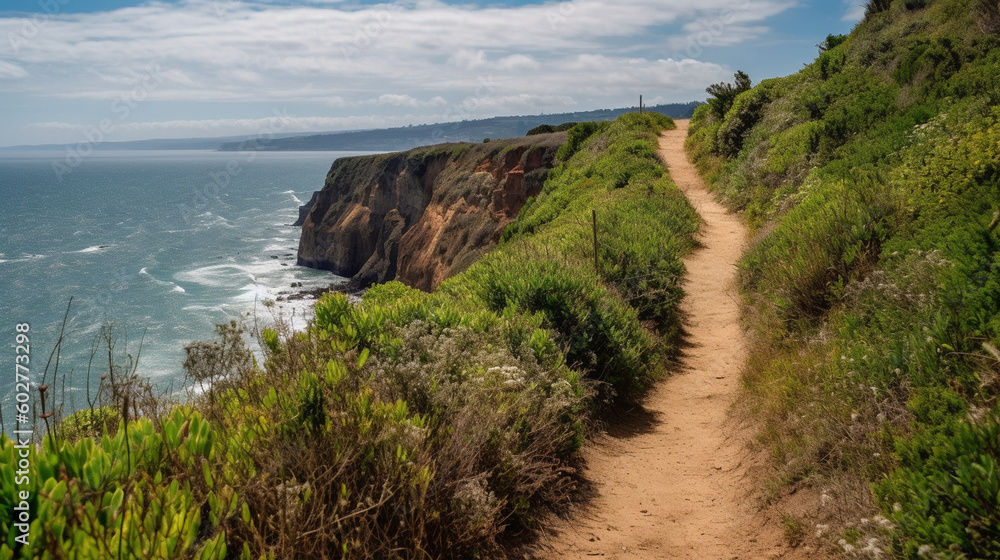 A scenic coastal trail winding along the cliffside, offering panoramic views Generative AI A scenic coastal trail winding along the cliffside, offering panoramic views Generative AI
