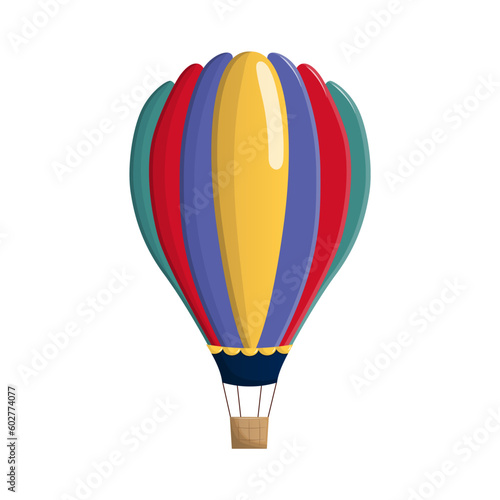 Colorful balloon with basket. Tourist extreme sport. Vector illustration isolated on white background.