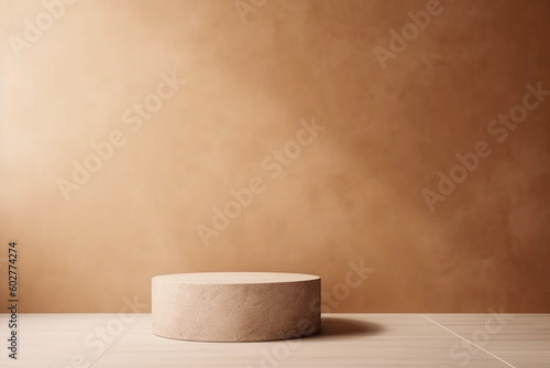 Beige podium display background and natural shadow. Beauty product promotion mockup with empty wall. Round stand for cosmetic products. Generative AI.
