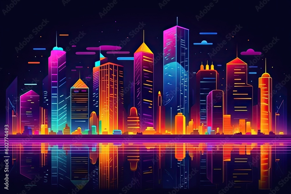 colorful city skyline with its reflection in the water Generative AI
