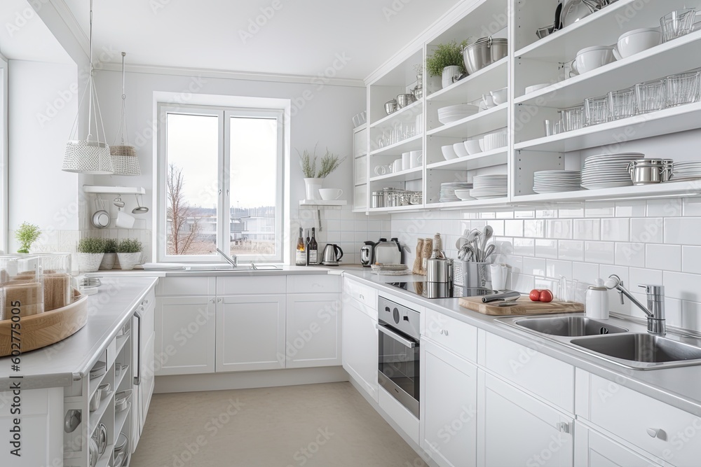 Fototapeta premium modern kitchen with sleek white cabinets and countertops Generative AI