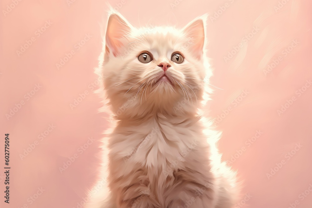 Portrait little kitten on pastel pink background. Generative AI