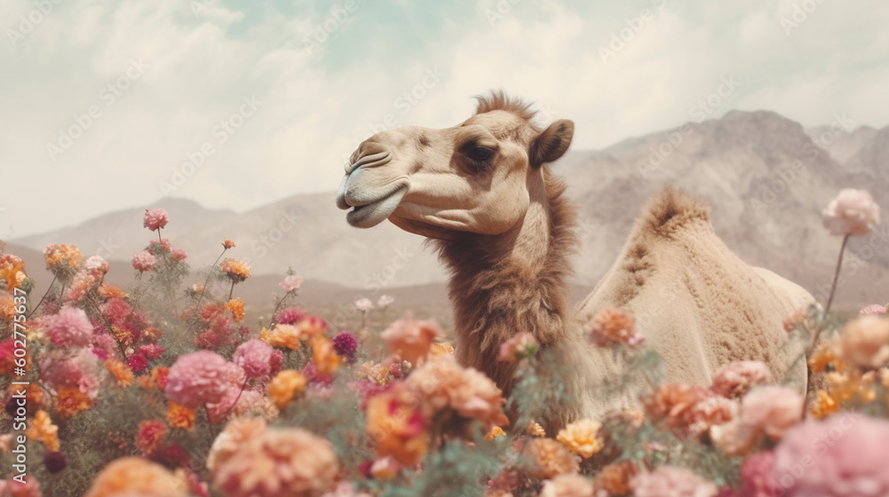 Camel Surrounded by Beautiful Flowers in a Muted Pastel Aesthetic with Surrealism Elements - Dreamy Background - Generative AI