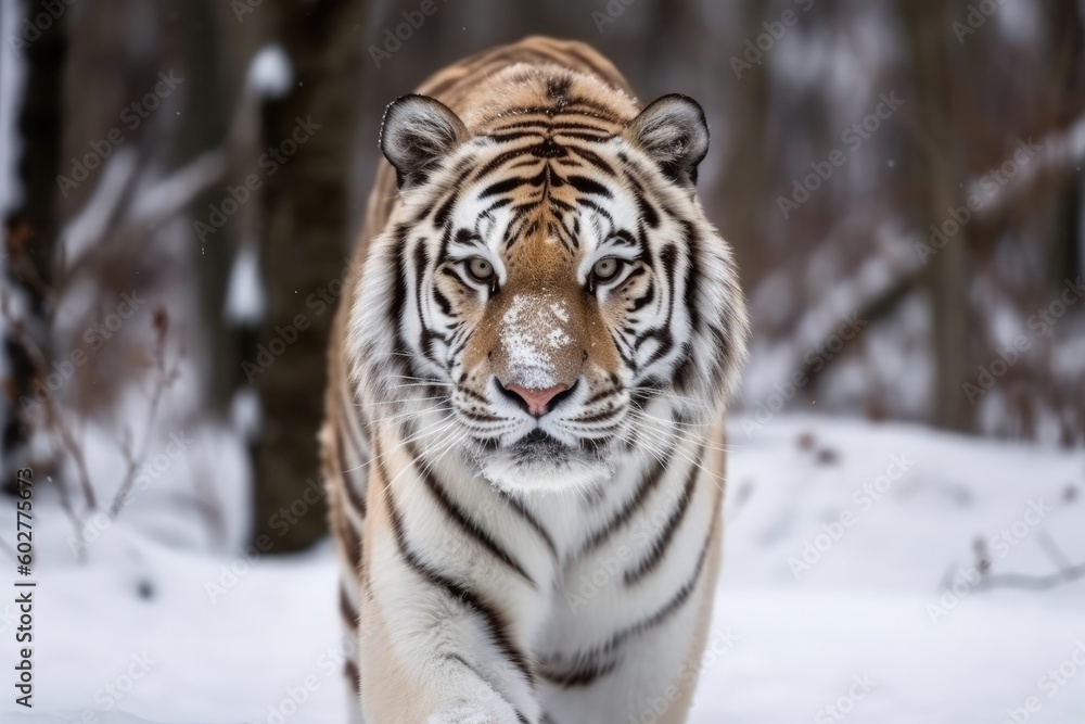 Fototapeta premium majestic tiger walking through a snow-covered forest Generative AI