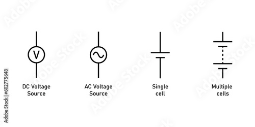 Direct current (DC) and alternating current (AC) voltage source. Single cell and multiple cell symbol. Vector illustration isolated on white background.