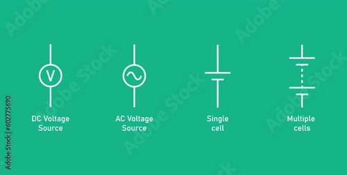 Direct current (DC) and alternating current (AC) voltage source. Single cell and multiple cell symbol. Vector illustration isolated on chalkboard.