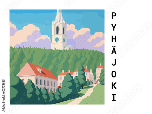 Pyhäjoki: Vintage travel poster with an Finnish landscape and the title Pyhäjoki