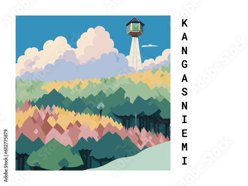 Kangasniemi: Vintage travel poster with an Finnish landscape and the title Kangasniemi