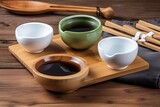 wooden tray with three bowls filled with colorful liquids Generative AI