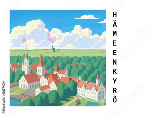 Hämeenkyrö: Vintage travel poster with an Finnish landscape and the title Hämeenkyrö