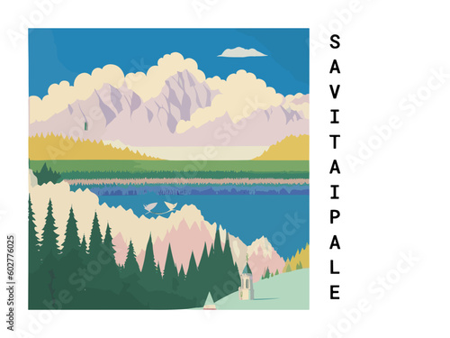 Savitaipale: Vintage travel poster with an Finnish landscape and the title Savitaipale