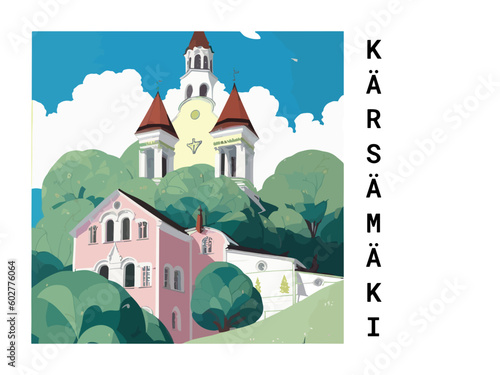 Kärsämäki: Vintage travel poster with an Finnish landscape and the title Kärsämäki