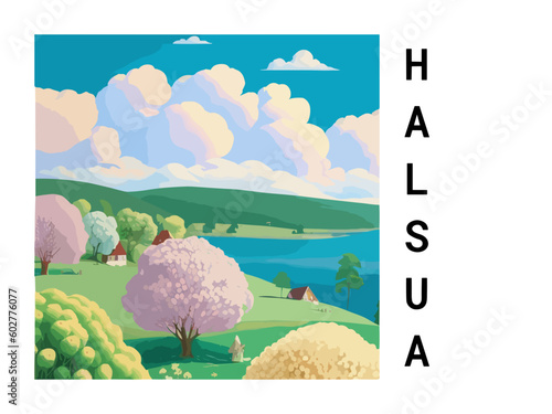 Halsua: Vintage travel poster with an Finnish landscape and the title Halsua