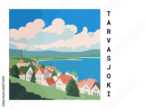 Tarvasjoki: Vintage travel poster with an Finnish landscape and the title Tarvasjoki