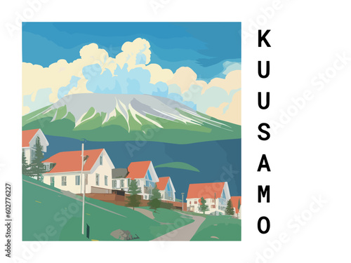 Kuusamo: Vintage travel poster with an Finnish landscape and the title Kuusamo