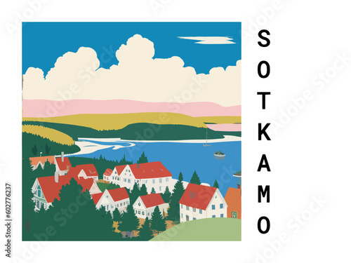 Sotkamo: Vintage travel poster with an Finnish landscape and the title Sotkamo