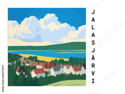 Jalasjärvi: Vintage travel poster with an Finnish landscape and the title Jalasjärvi
