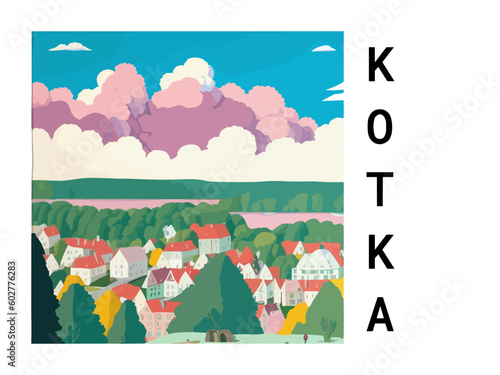 Kotka: Vintage travel poster with an Finnish landscape and the title Kotka