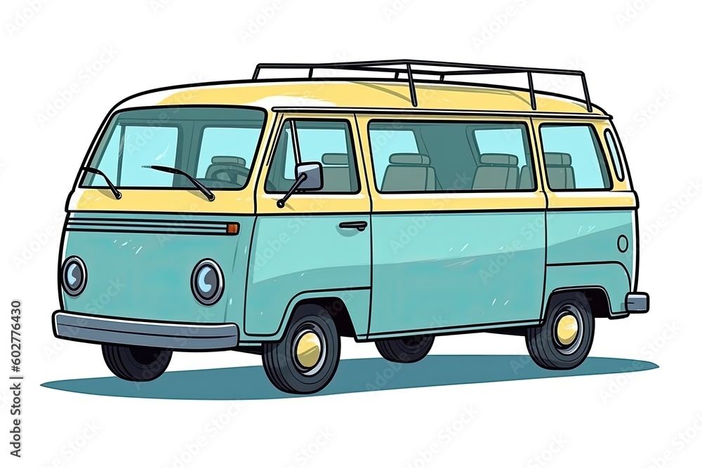 colorful van with a surfboard on its roof driving along a coastal road Generative AI colorful van with a surfboard on its roof driving along a coastal road Generative AI