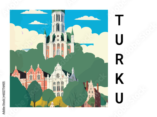 Turku: Vintage travel poster with an Finnish landscape and the title Turku