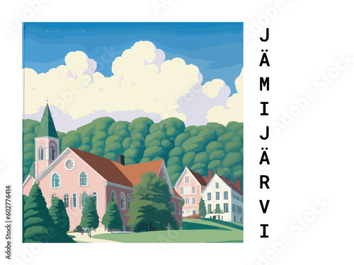 Jämijärvi: Vintage travel poster with an Finnish landscape and the title Jämijärvi