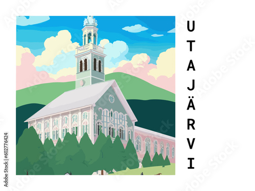 Utajärvi: Vintage travel poster with an Finnish landscape and the title Utajärvi