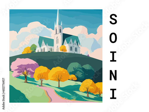 Soini: Vintage travel poster with an Finnish landscape and the title Soini
