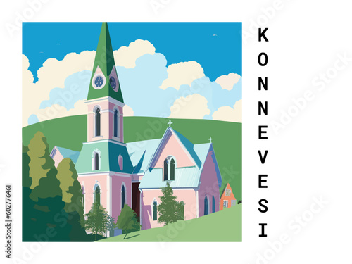 Konnevesi: Vintage travel poster with an Finnish landscape and the title Konnevesi