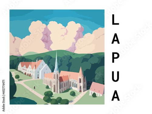 Lapua: Vintage travel poster with an Finnish landscape and the title Lapua