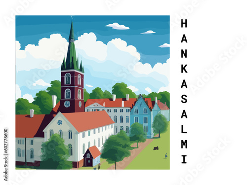 Hankasalmi: Vintage travel poster with an Finnish landscape and the title Hankasalmi