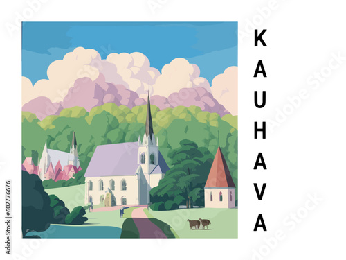 Kauhava: Vintage travel poster with an Finnish landscape and the title Kauhava