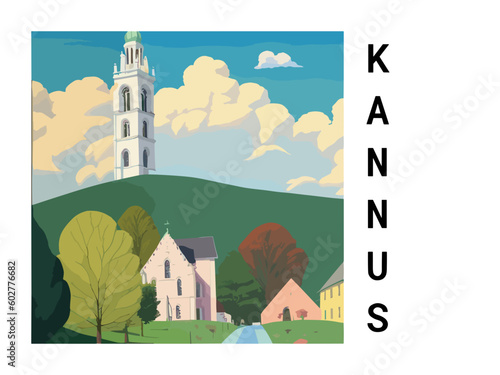 Kannus: Vintage travel poster with an Finnish landscape and the title Kannus