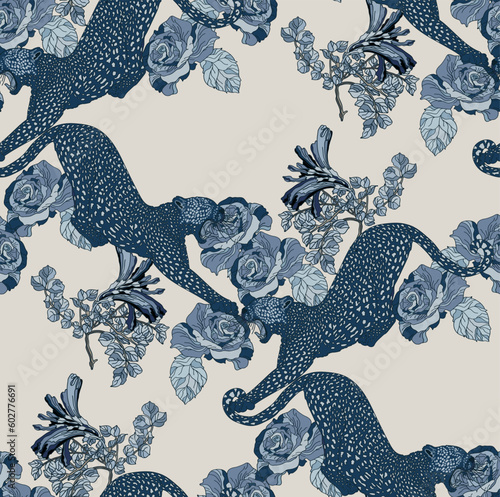 Leopard with flowers and leaves in vintage style, seamless pattern.	