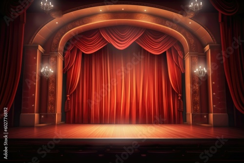 Theater stage with red curtains and spotlights. Generative AI