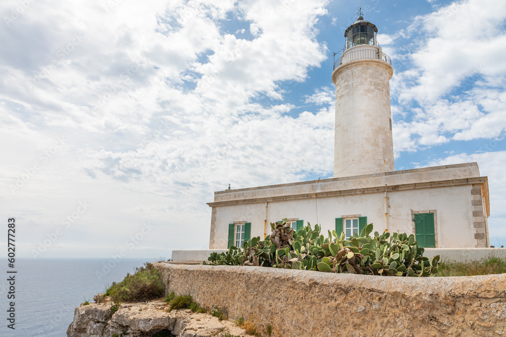 Lighthouse of La Mola, on the island of Formentera, on the edge of a cliff, with some prickly pears and the sea in the background. Balearic Islands, Spain.