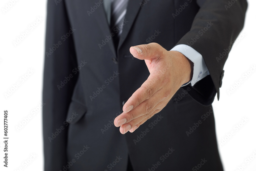 Closeup of young business man's hand greeting you , isolated on white background.