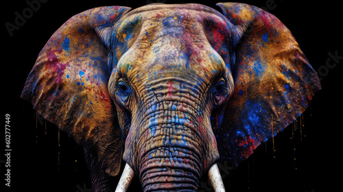 Portrait of an elephant's face with bright paints. Generative AI.