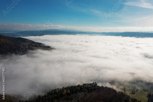 Aerial Drone Shot  Sightseeing Tower in Brezno  Autumn Scenery with Misty Morning and Cloud Inversion in Horehronie Region