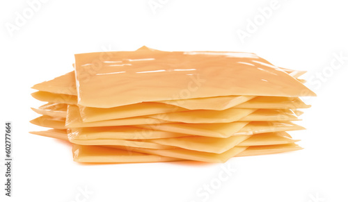 Stack of tasty processed cheese on white background