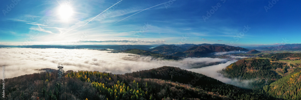 Aerial Drone Shot: Sightseeing Tower in Brezno, Autumn Scenery with Misty Morning and Cloud Inversion in Horehronie Region