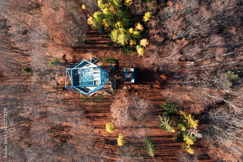 Aerial Drone Shot: Sightseeing Tower in Brezno, Autumn Scenery with Misty Morning and Cloud Inversion in Horehronie Region photo